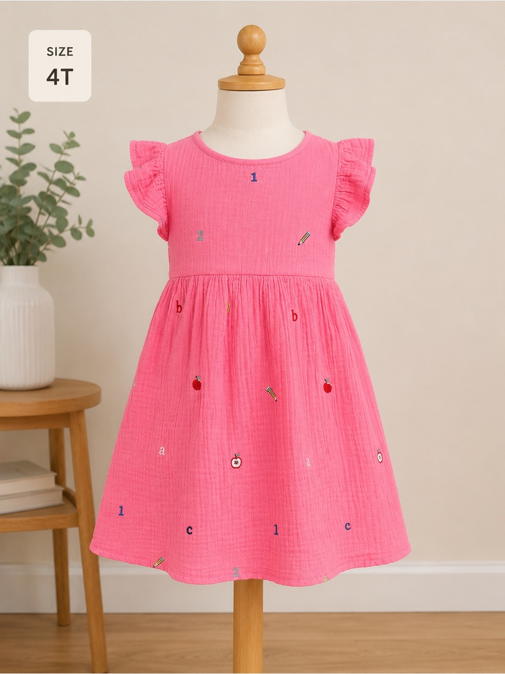 Back to School Pink Embroidered Ruffle-Sleeve Cotton Dress for Girls